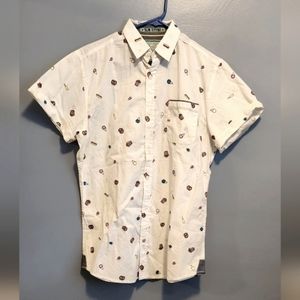 NWOT GOOD VIBES men's short sleeve button-up shirt. MEDIUM slim fit 100% cotton